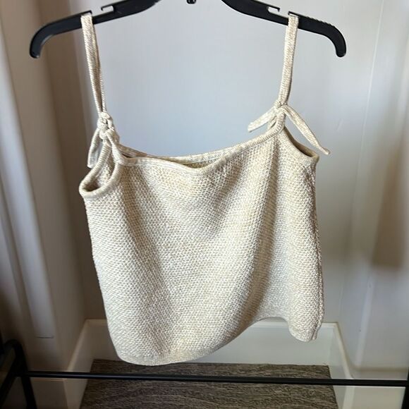 New Free People Beach Knit Spaghetti Strap TieTop Neutral Tan Large - Picture 2 of 4
